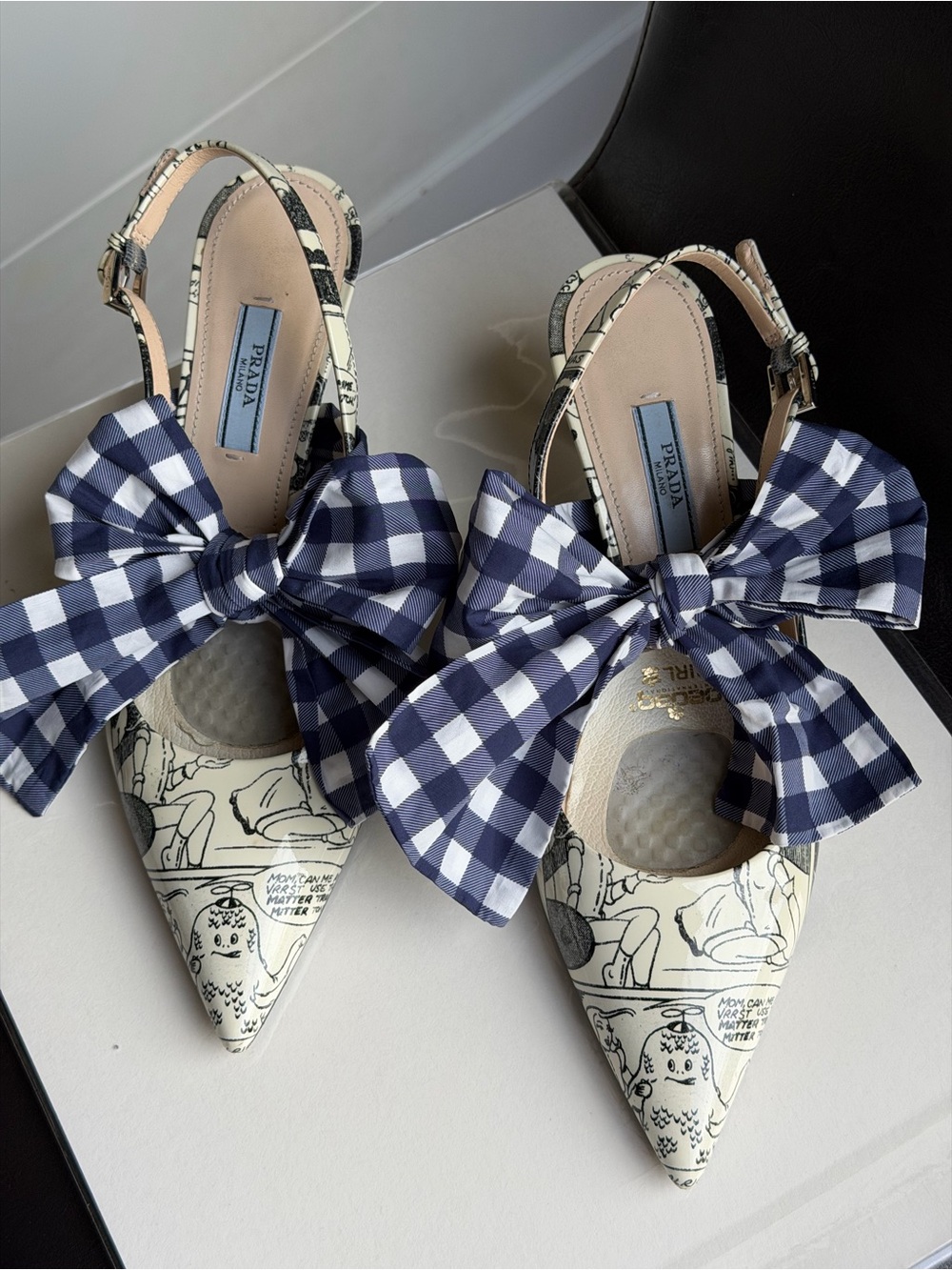 Prada Cream Printed Pointed Slingbacks with Navy Gingham Bow
